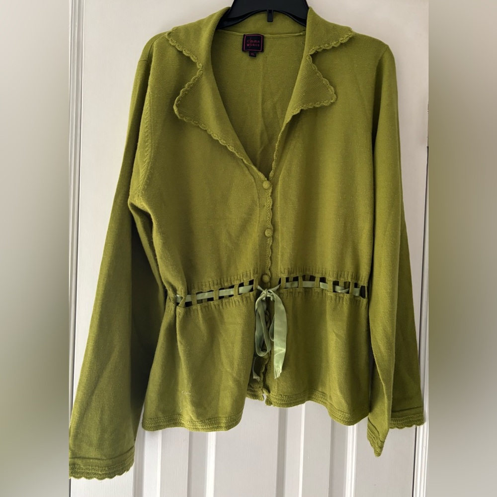 Colour Works cardigan sweater with crochet detail and satin ribbon at waist